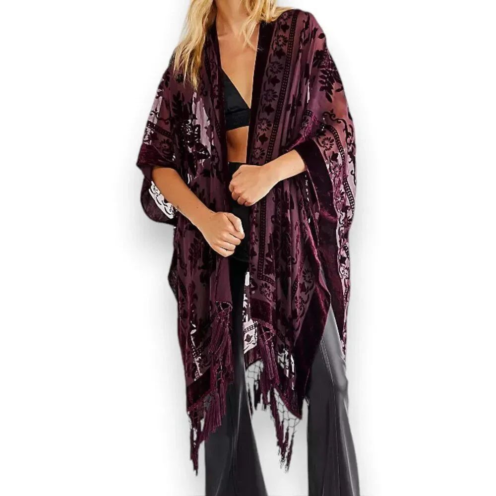 Burgundy Velvet Long Fringe Kimono Jacket Duster